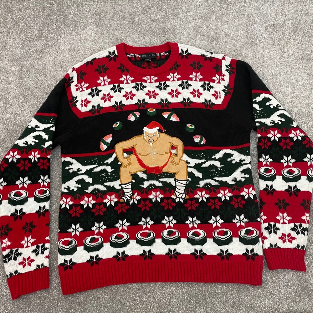 Ugly Christmas Sweater Mens Extra Large Sumo Santa Sushi Fair Isle Blizzard Bay
